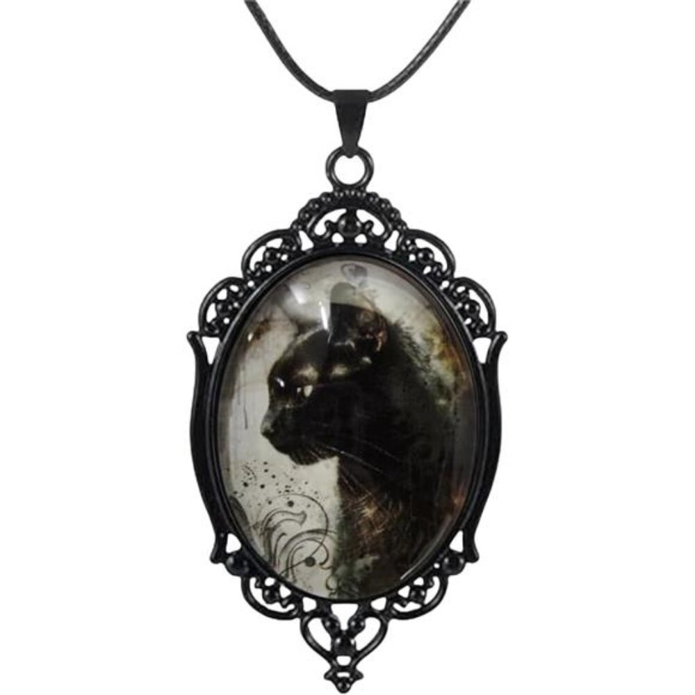 Goth Black Cat Cameo Necklace Set Vintage Gothic Black Cat Pendant